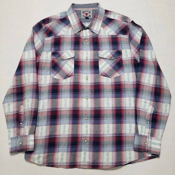 Desert Son Mens Plaid Snap Front Western Shirt XL Red Blue White Feather Print - Picture 2 of 13